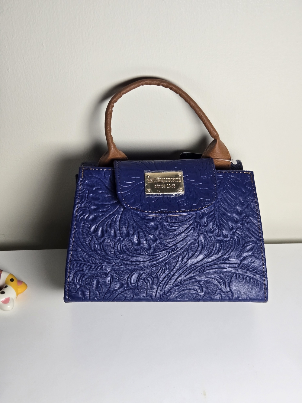 Blue Embossed Top-Handle Women's Bag with Brown Handles